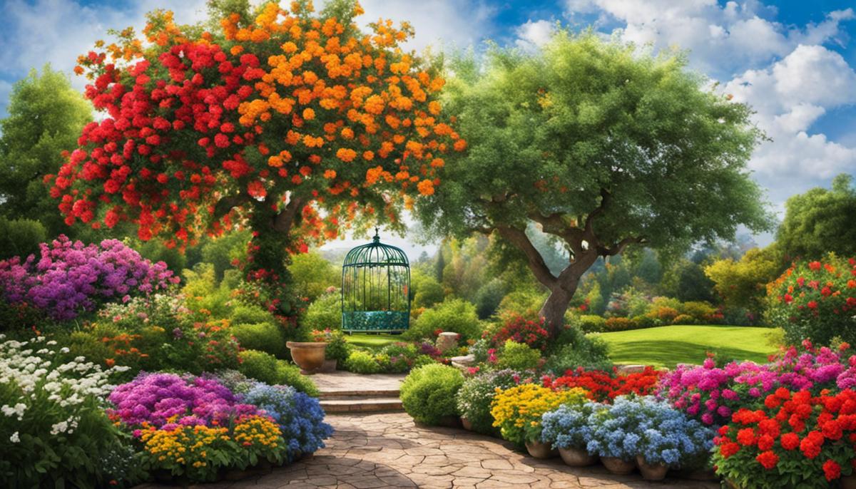 Un albero da giardino con fiori colorati.