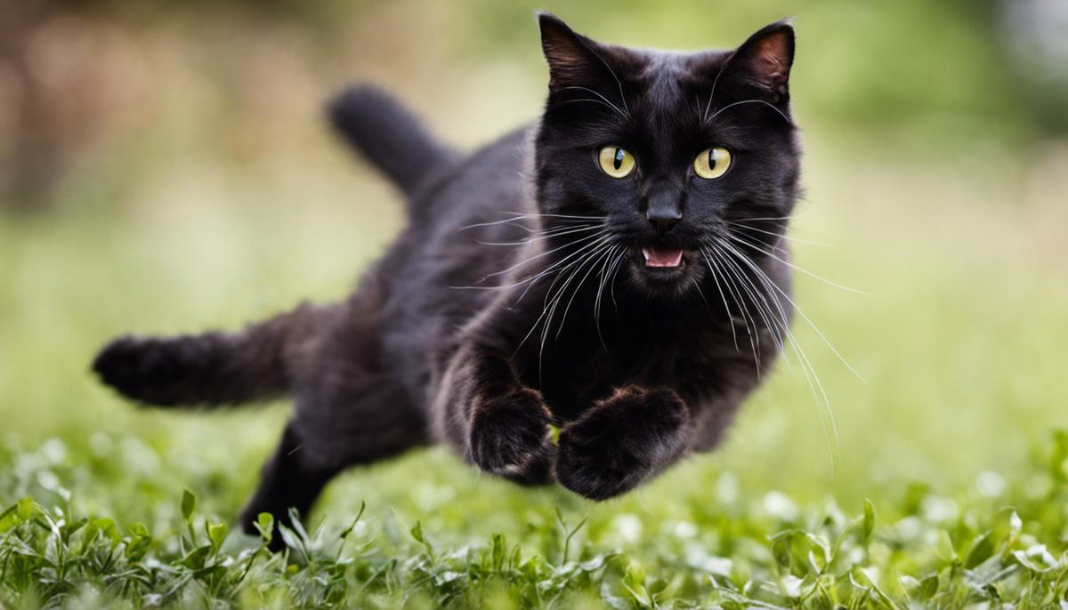 A cat in mid-jump, showcasing its agility and elegance.