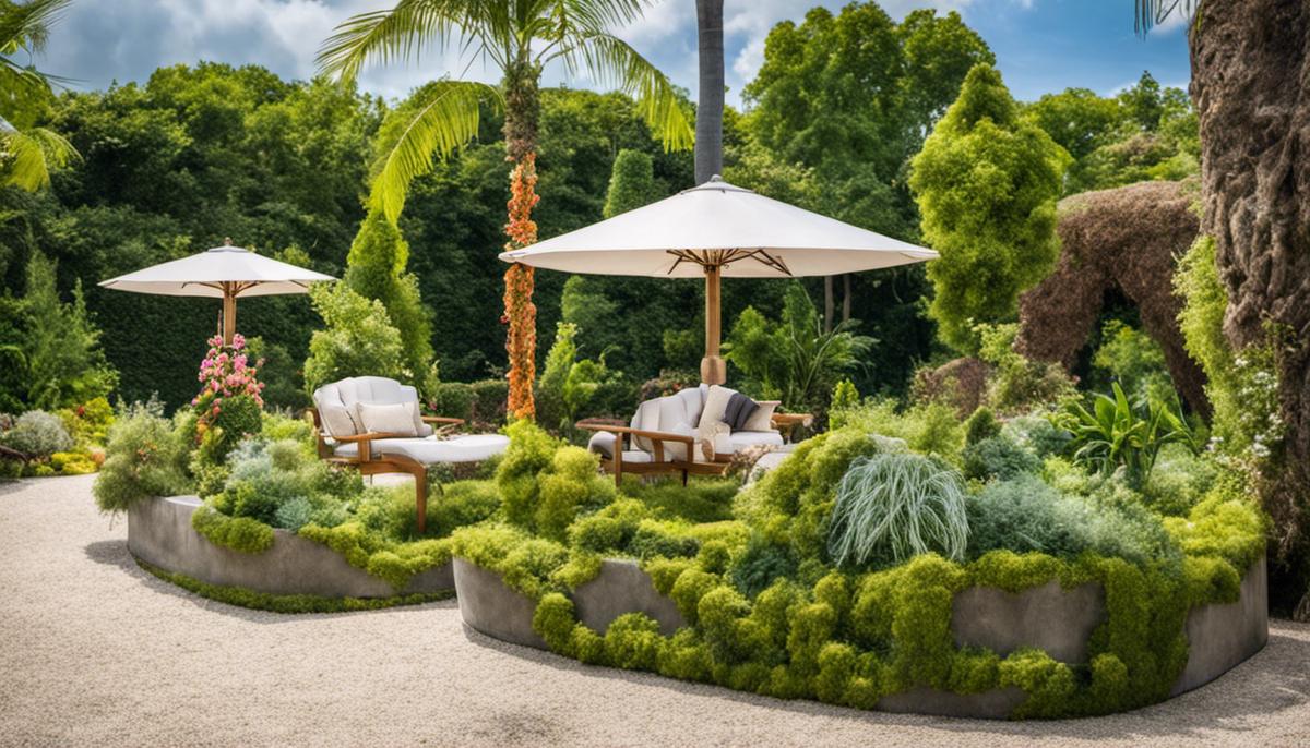 Image of a beautiful garden decorated with textiles, ropes, and concrete sculptures, showcasing the diverse possibilities of garden decoration.