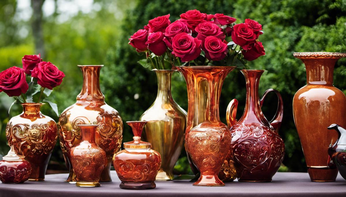 A photo of different types of vases for roses displayed on a table.