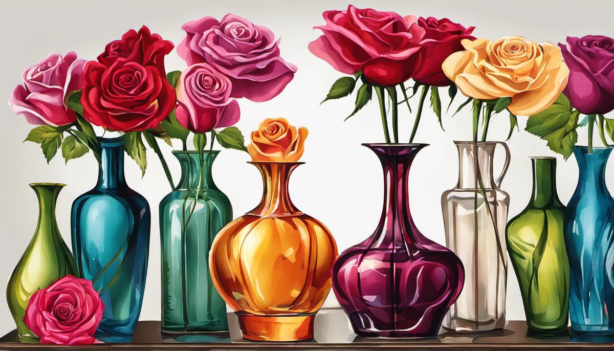 Illustration of different varieties of roses in vases, showcasing their beauty and vibrant colors.