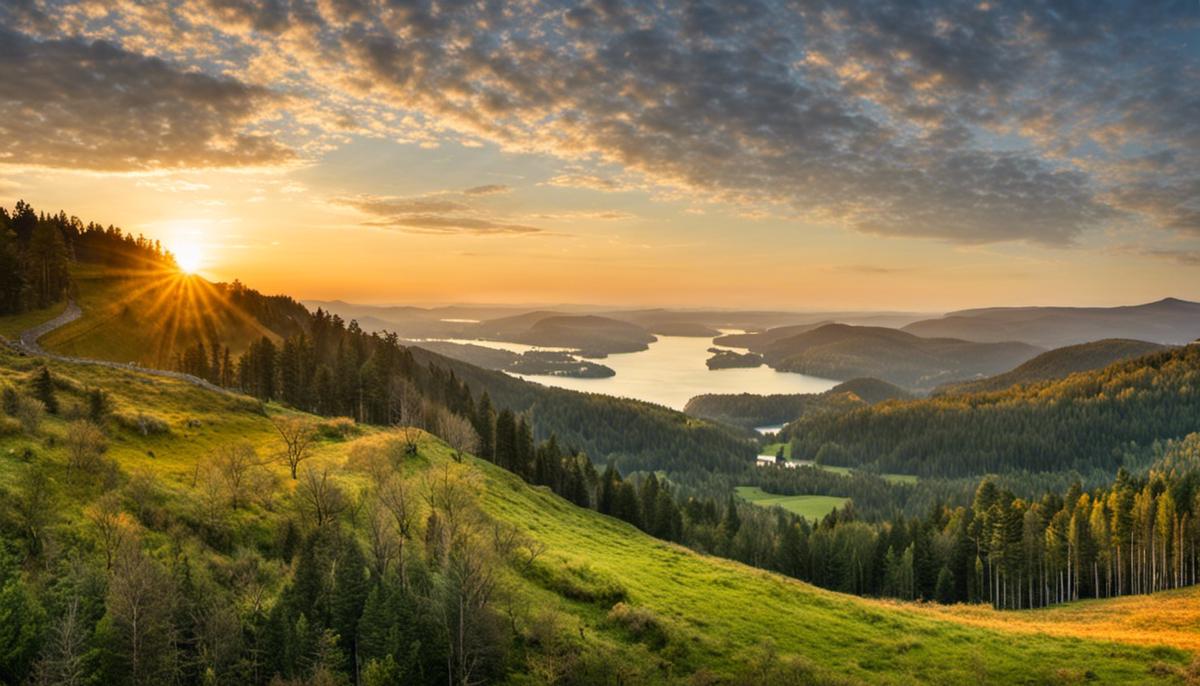 Una panoramica della Svezia, con foreste verdi e un paesaggio pulito, simboleggiando il basso livello di inquinamento del paese.