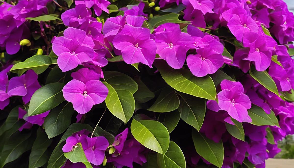 A beautiful bouganville plant with vibrant purple flowers growing in a pot.