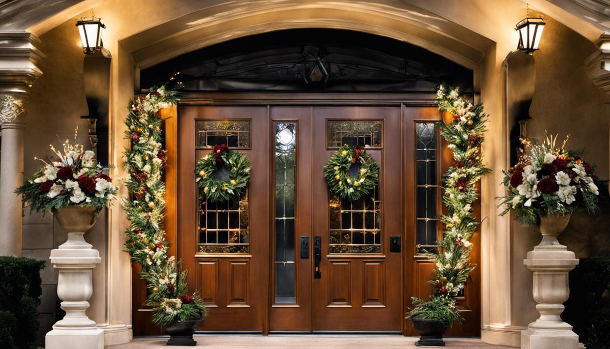 Different examples of door decorations, including wreaths, flags, decorative panels, and lighting options.