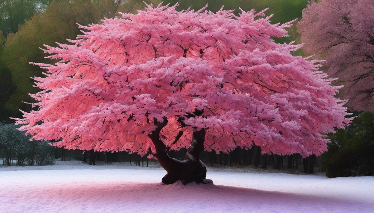 Albero da frutto con foglie rigonfie di colore rosso e rosa causate dalla bolla del pesco.