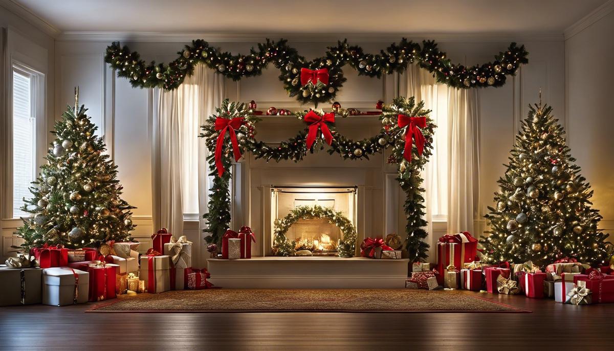 A photo of various Christmas decorations including wreaths, lights, bows, and bells.