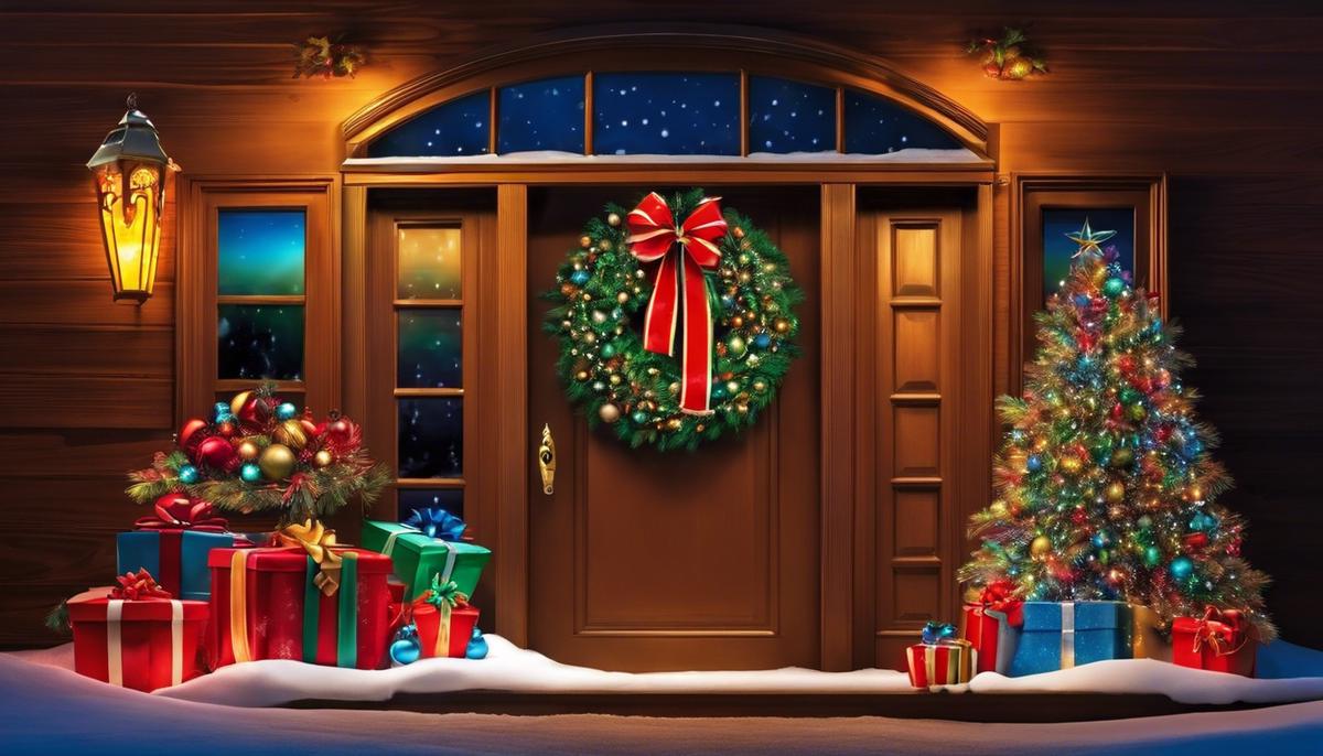 Image of colorful Christmas decorations hanging on a door