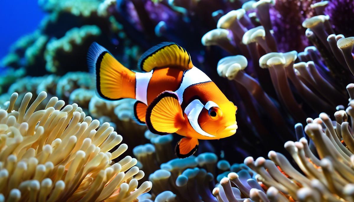 Image of a clownfish swimming among sea anemones in a coral reef habitat.