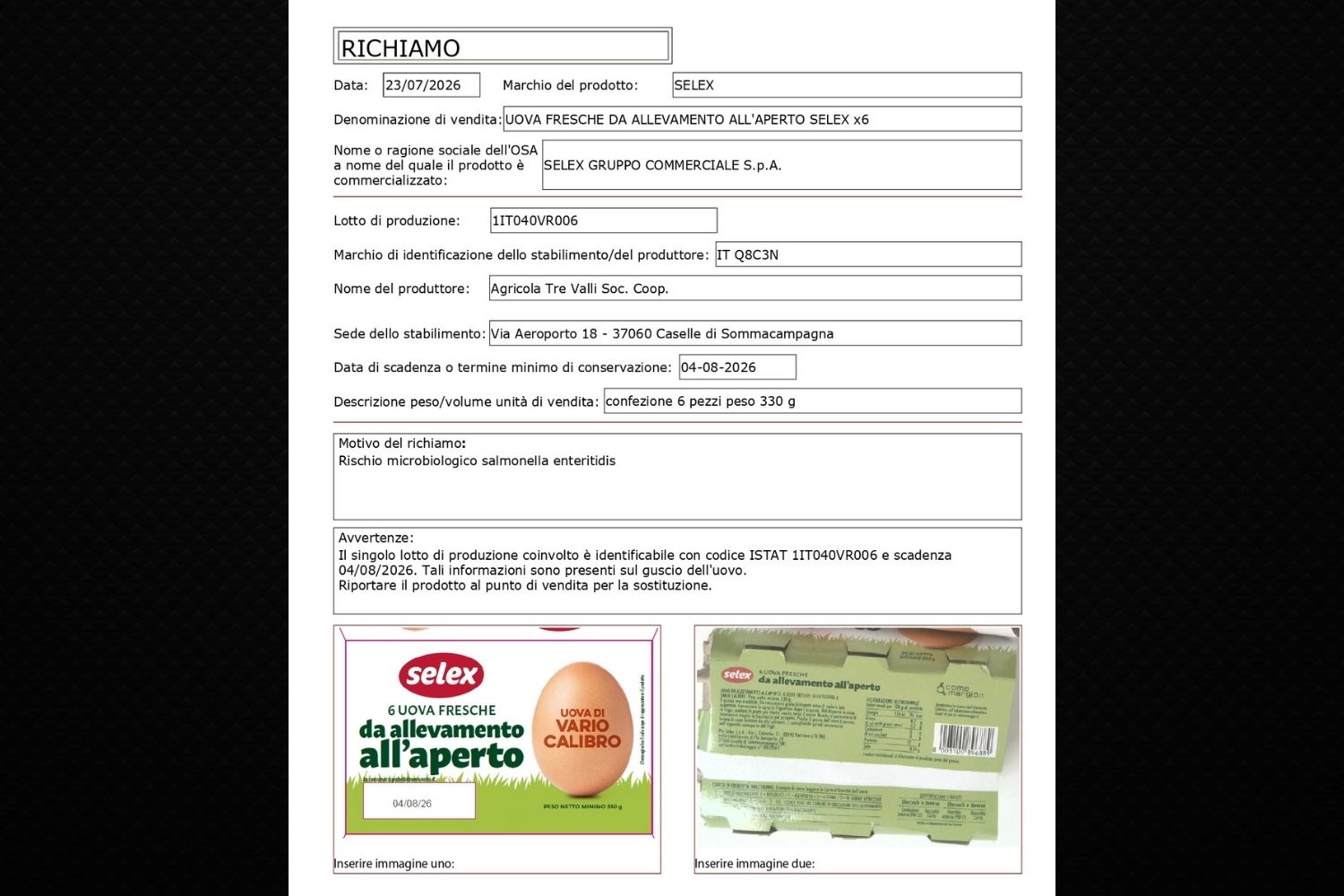 richiamo uova selex