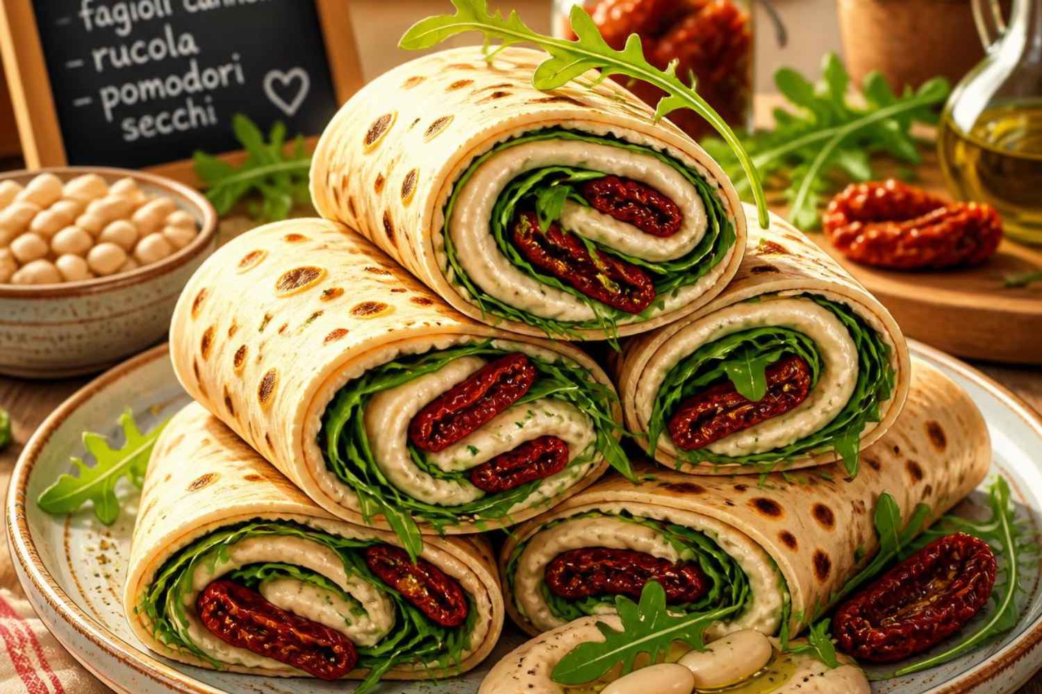 Rotolini di piadina con crema di cannellini, rucola e pomodori secchi