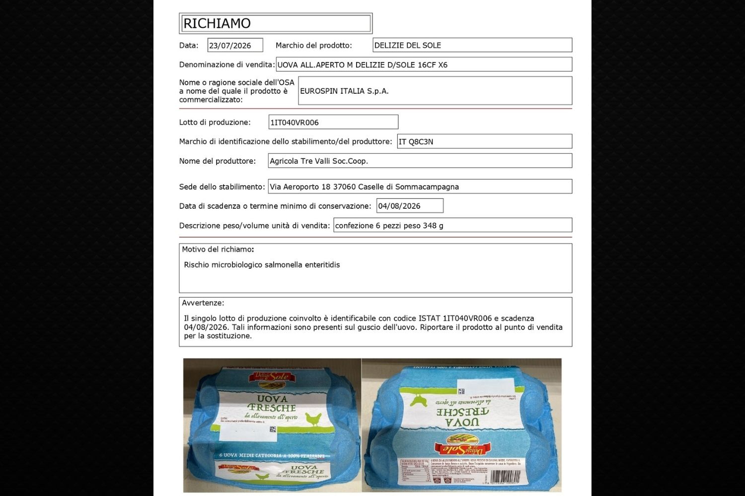 richiamo uova delizie del sole