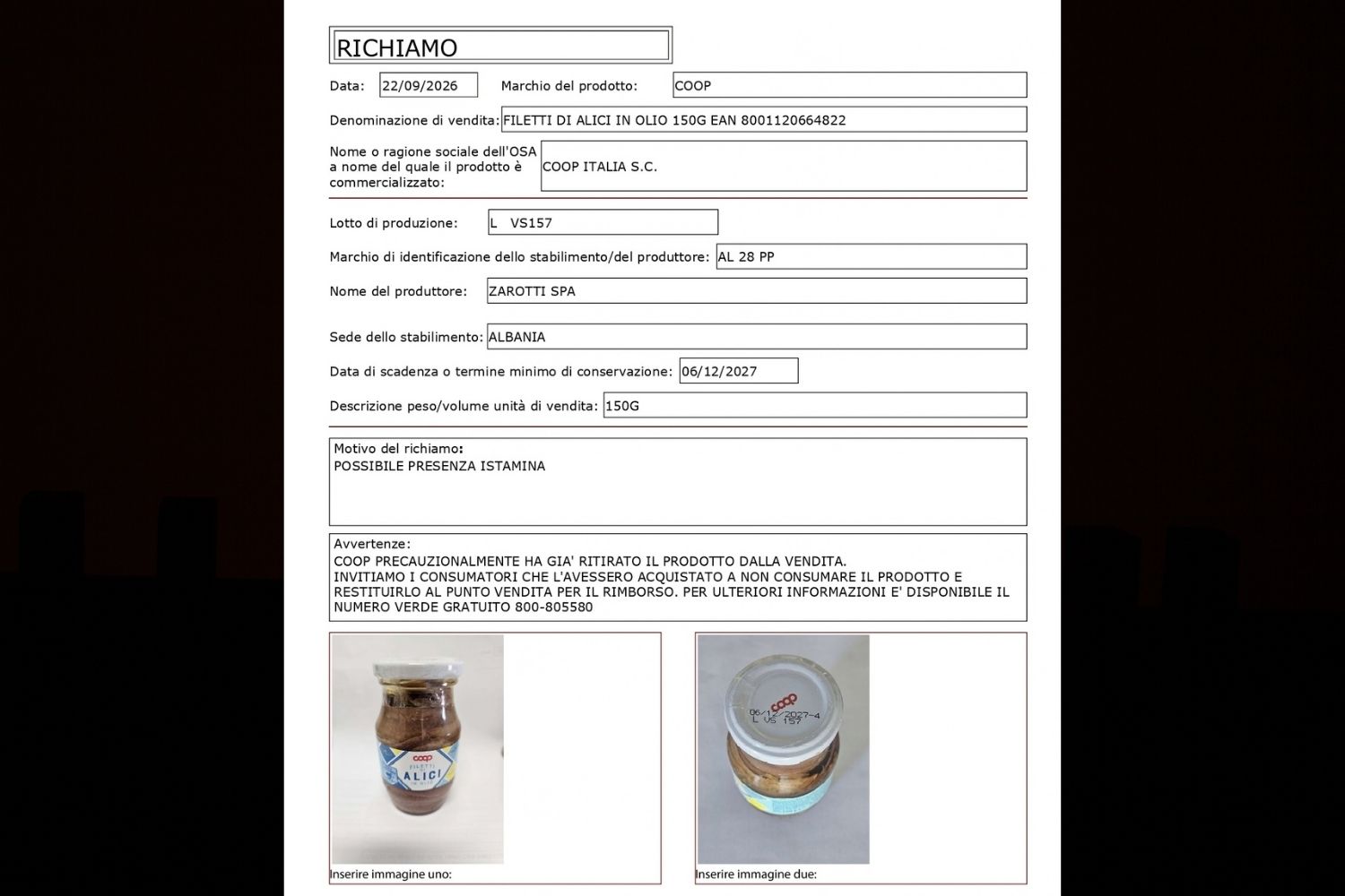 richiamo filetti di alici