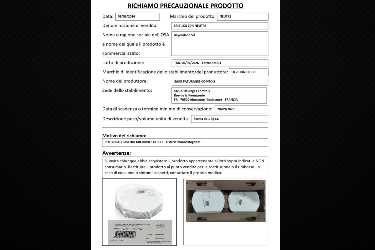 richiamo formaggio