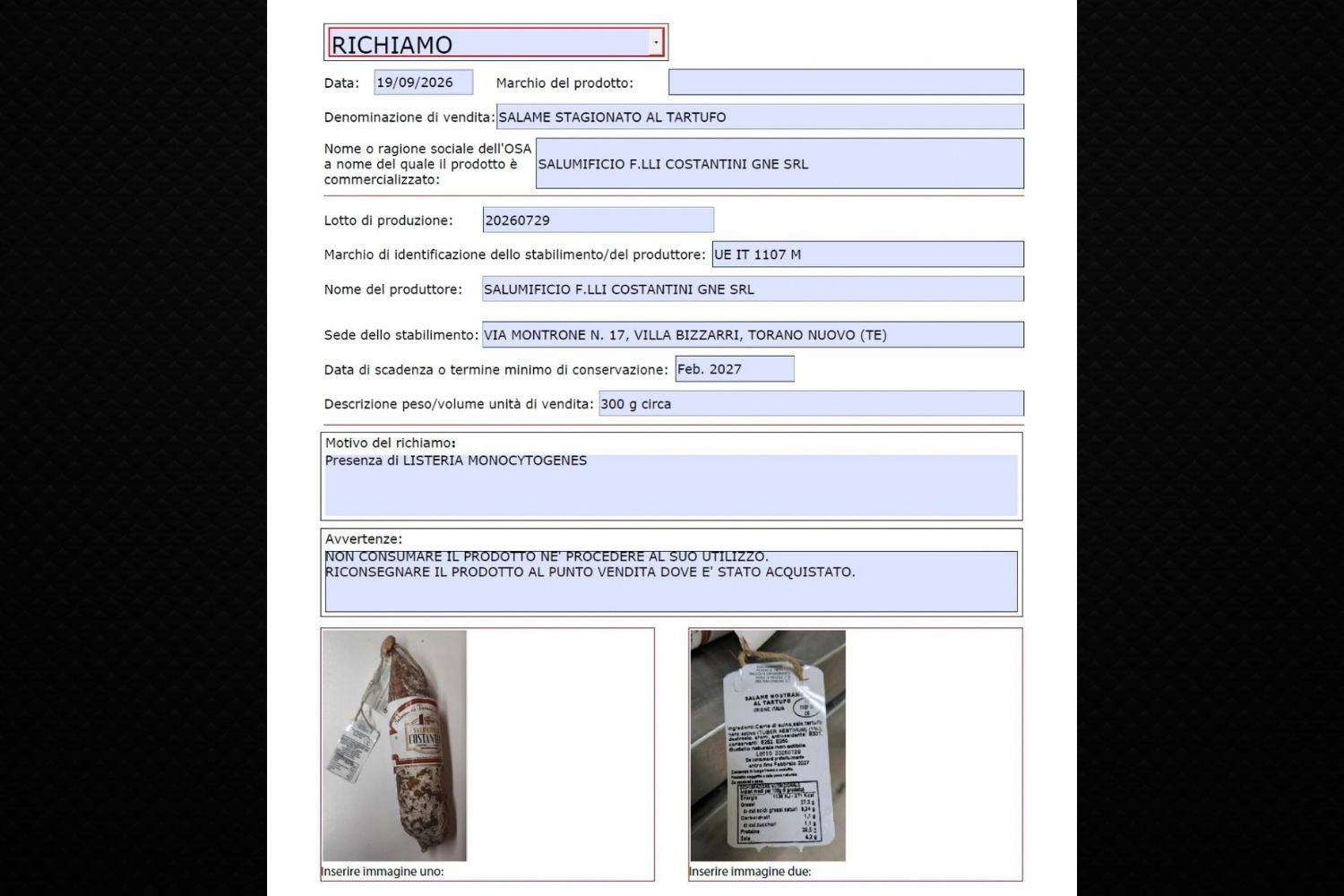 richiamo salame listeria