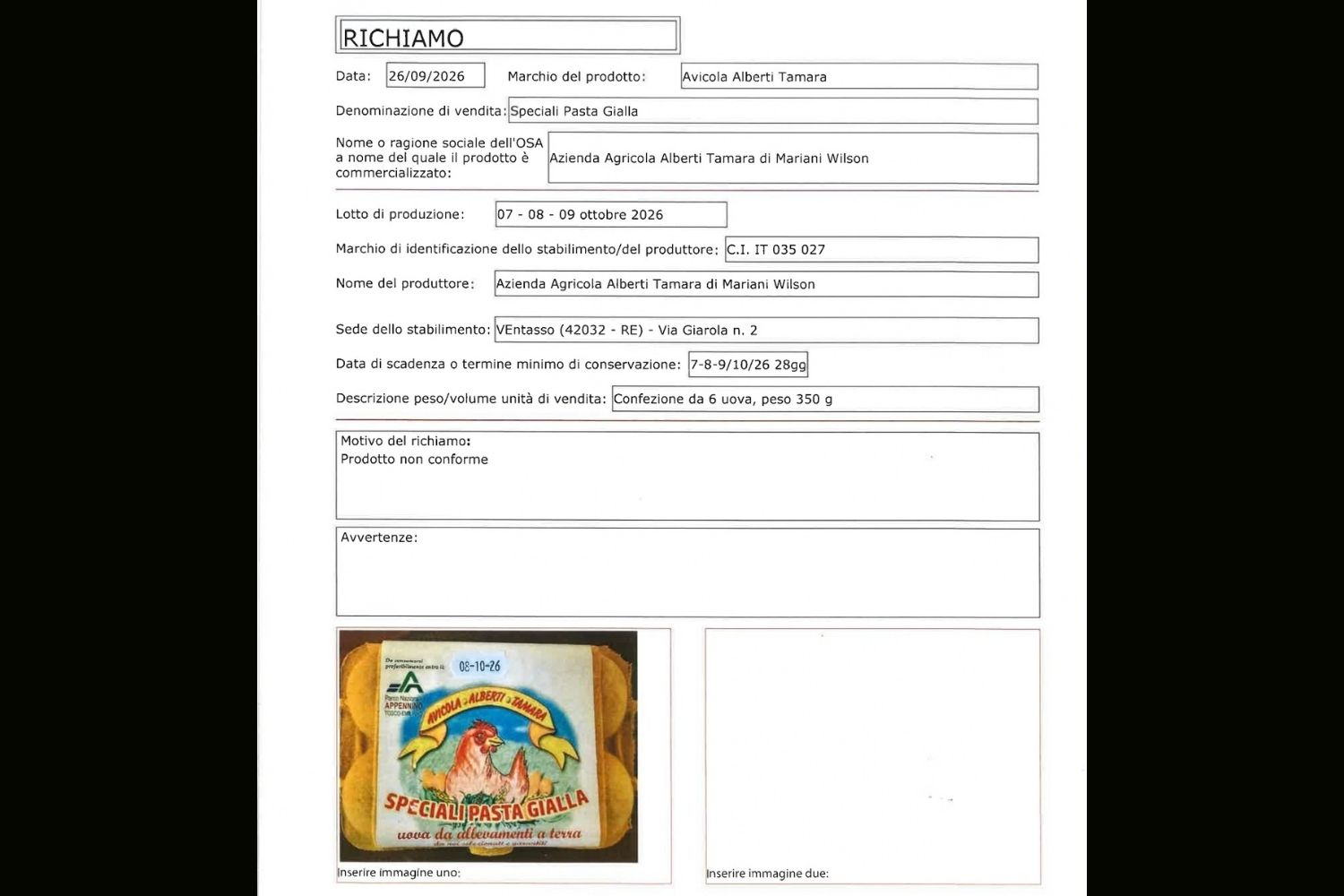 richiamo uova