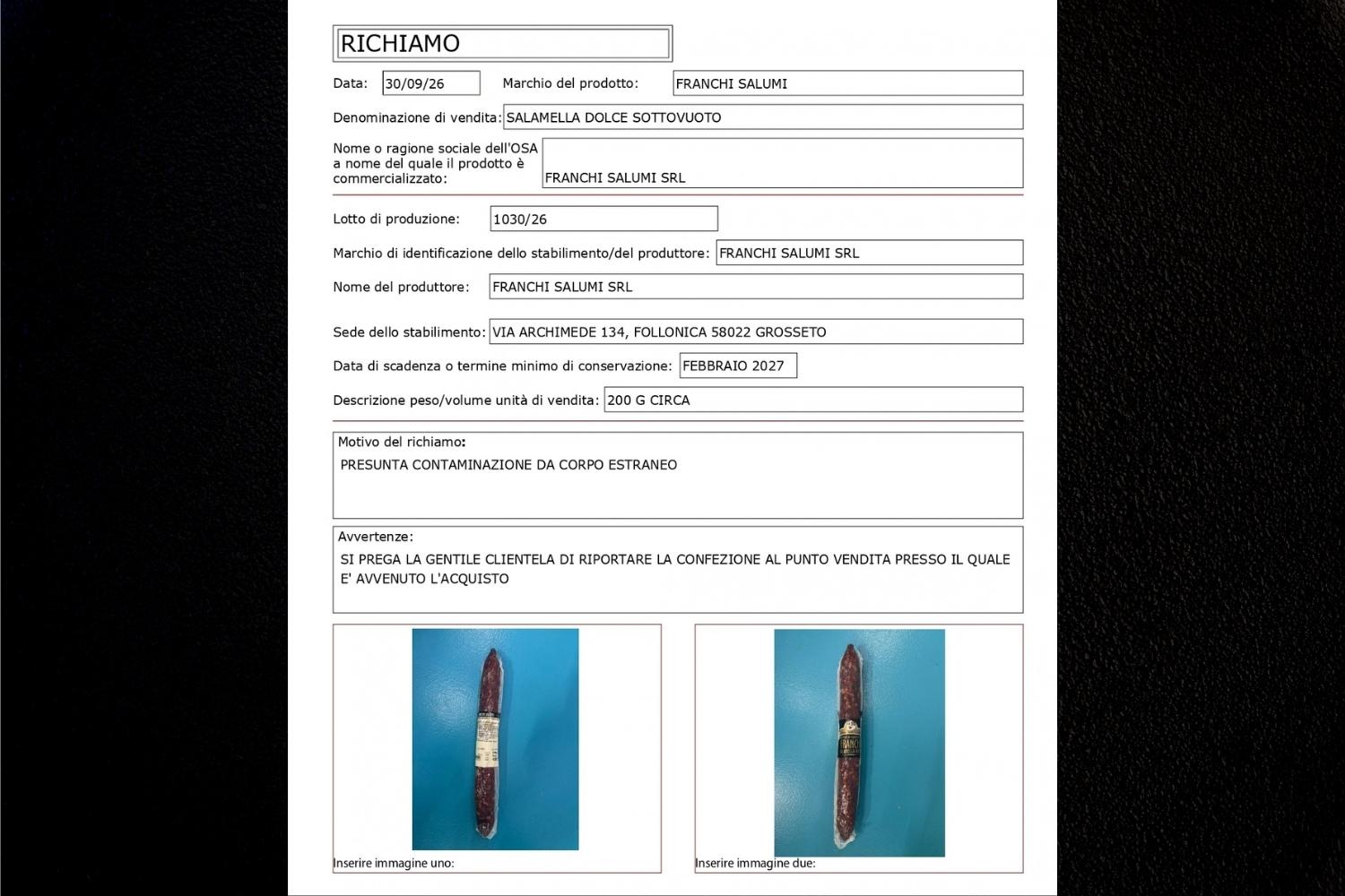 richiamo salamella dolce sottovuoto intera