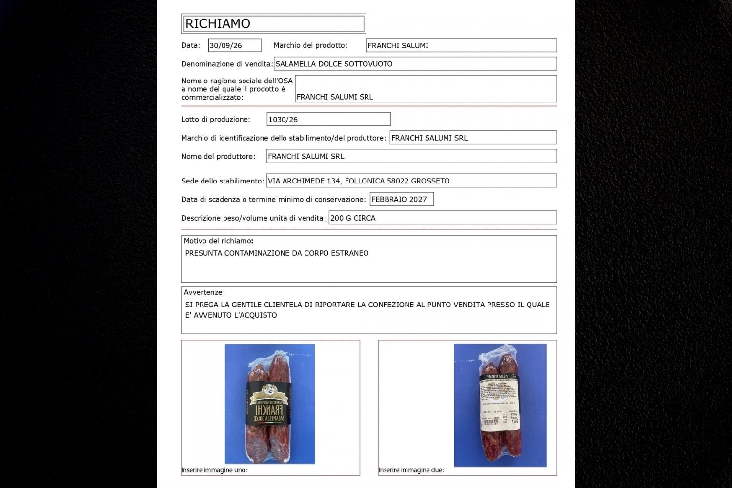 richiamo salamella dolce sottovuoto