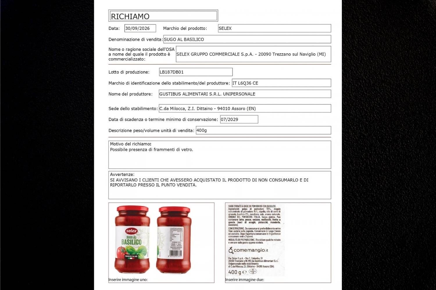 richiamo sugo selex