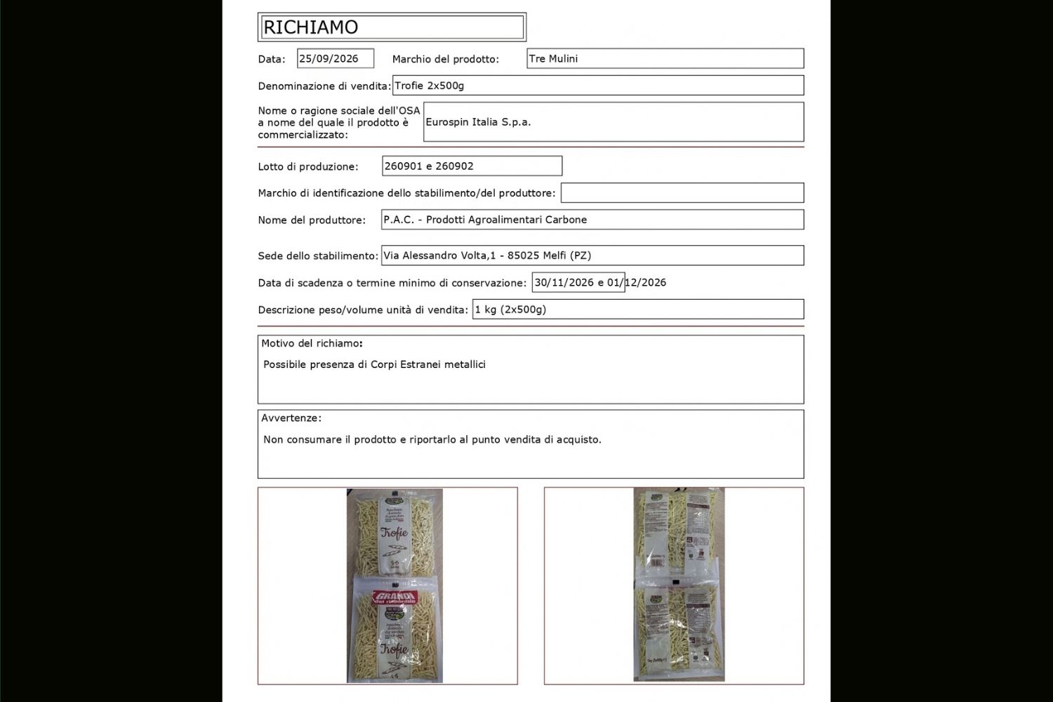 richiamo trofie eurospin