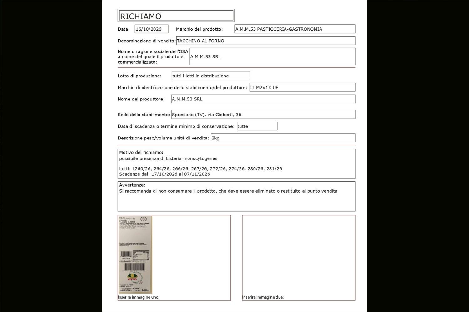 tacchino al forno richiamo