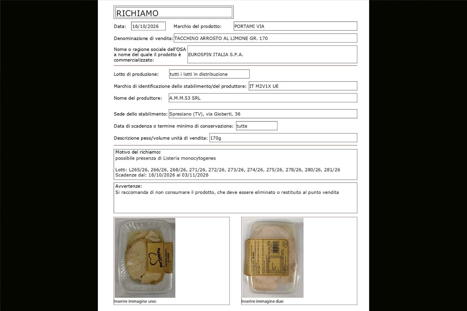 tacchino al limone richiamo